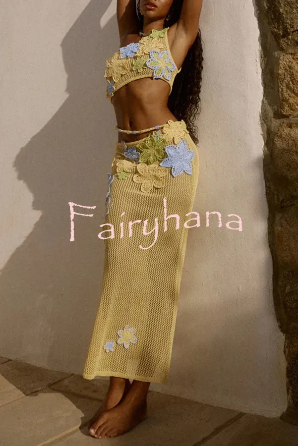 Luxe Knit Crochet Handmade Flower Beaded Waist Stretch Maxi Skirt