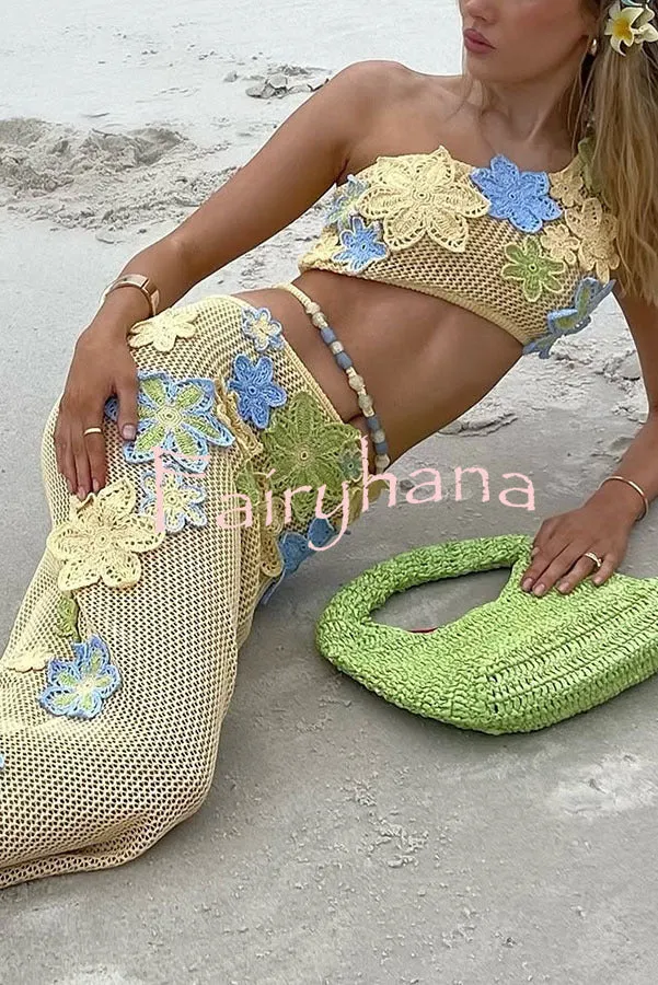 Luxe Knit Crochet Handmade Flower Beaded Waist Stretch Maxi Skirt