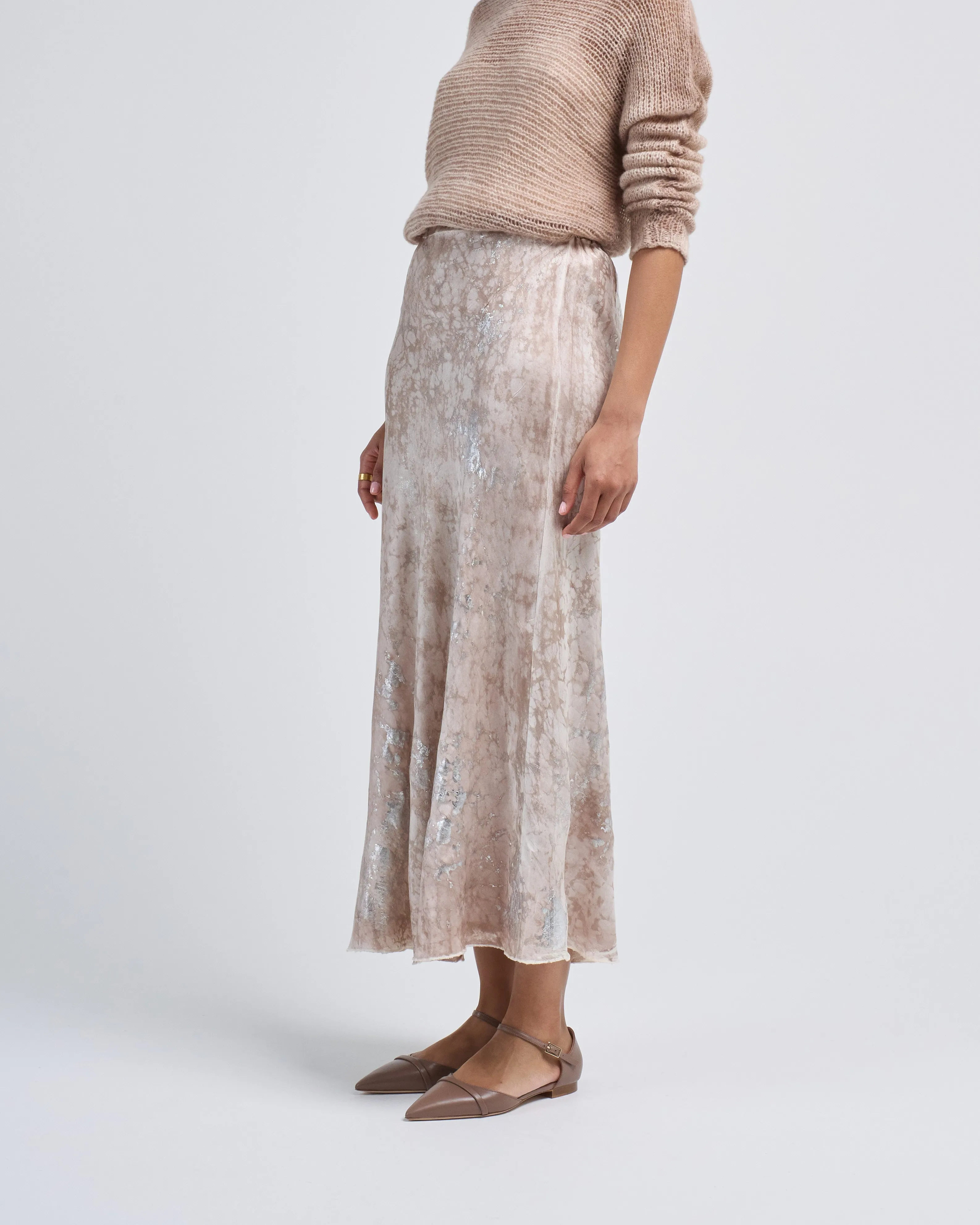 marble lamination effect stretch silk long skirt
