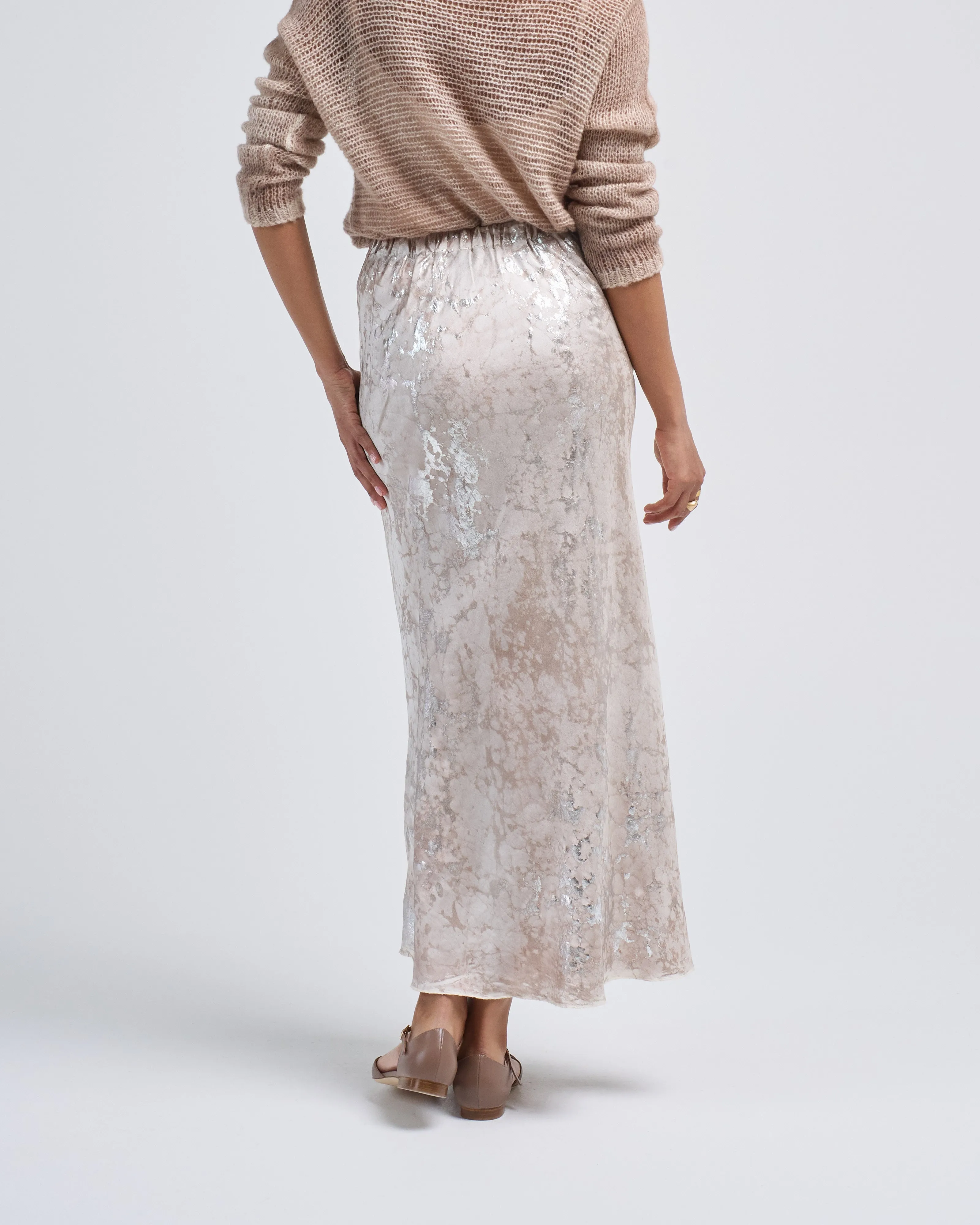 marble lamination effect stretch silk long skirt