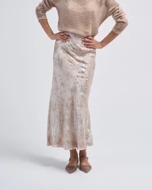 marble lamination effect stretch silk long skirt