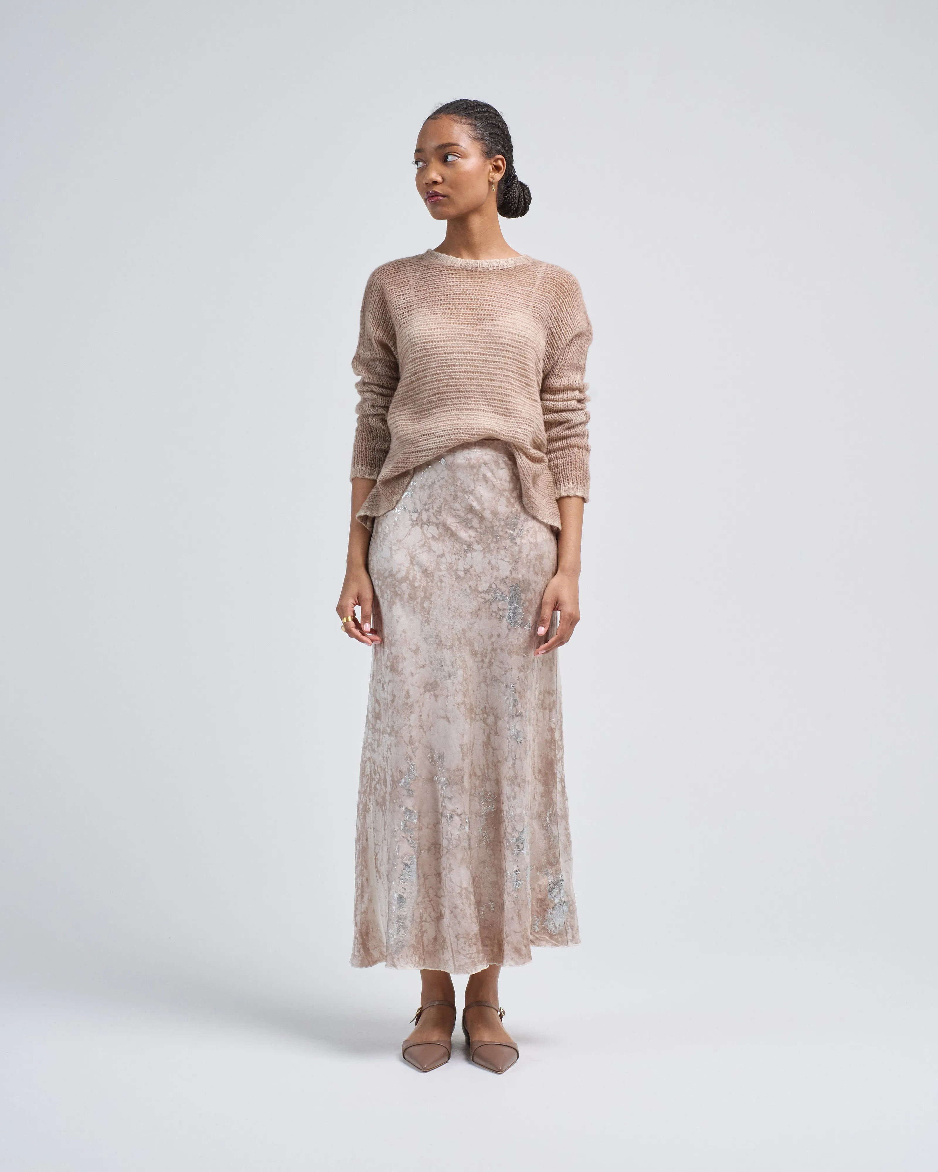 marble lamination effect stretch silk long skirt