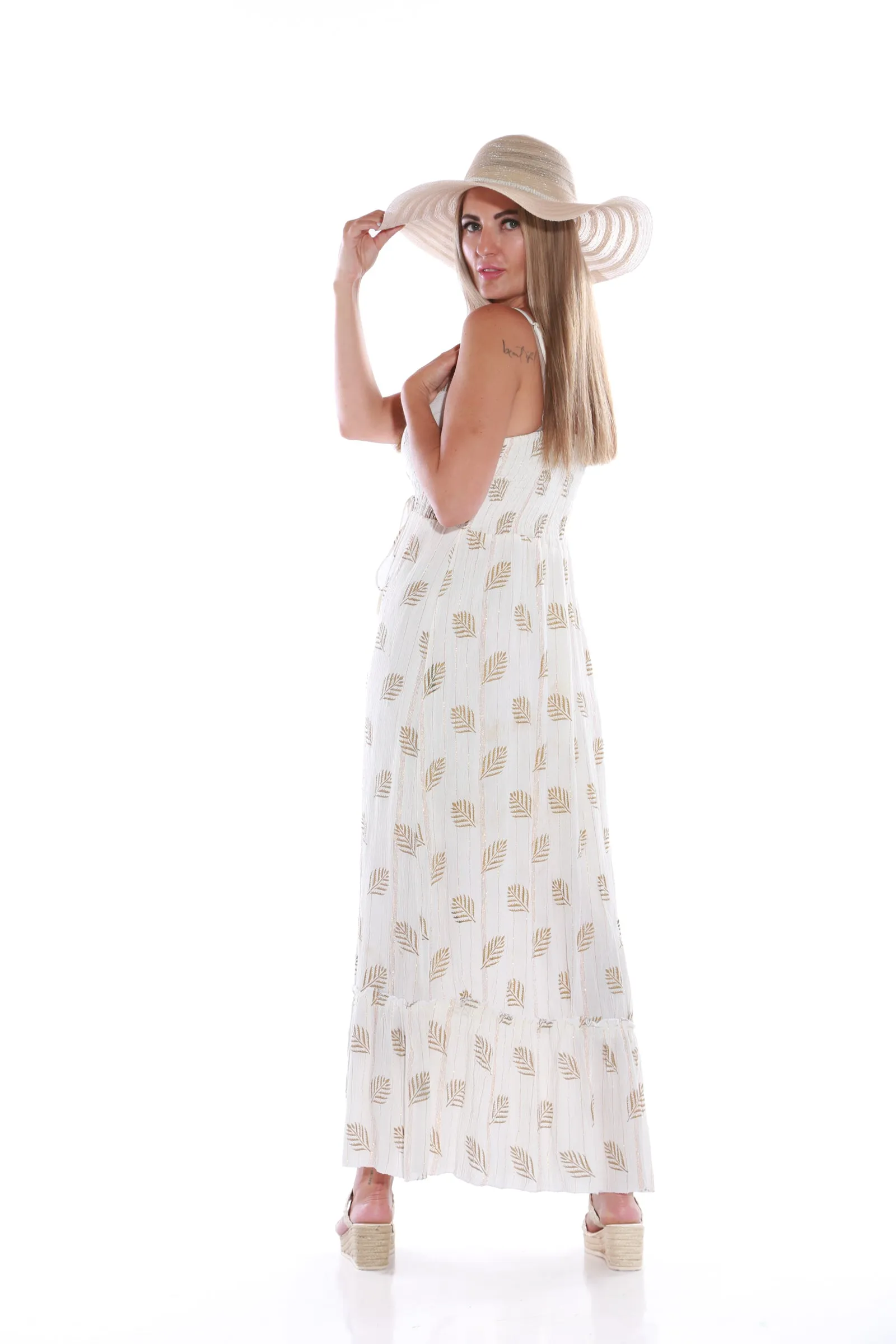 Maxi Spaghetti dress with gold Lurex - Cream