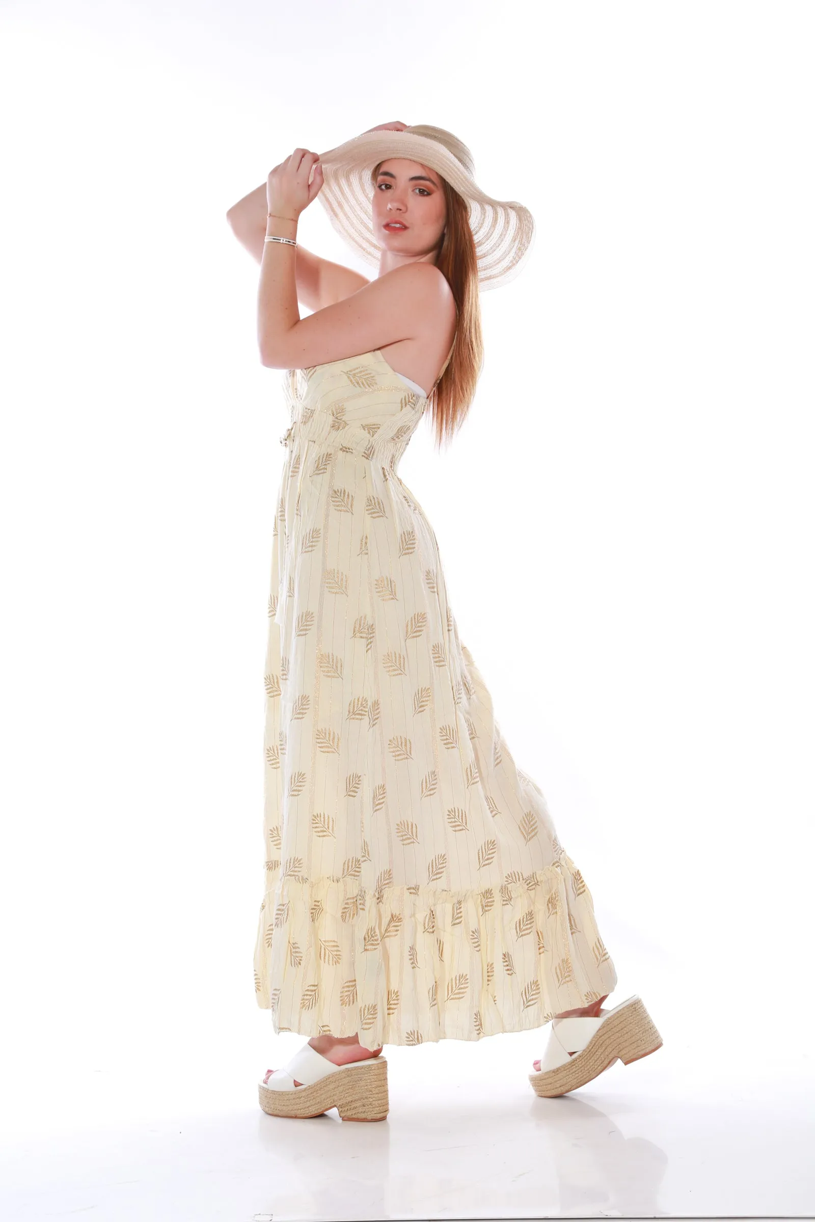 Maxi Spaghetti dress with gold Lurex - Ivory