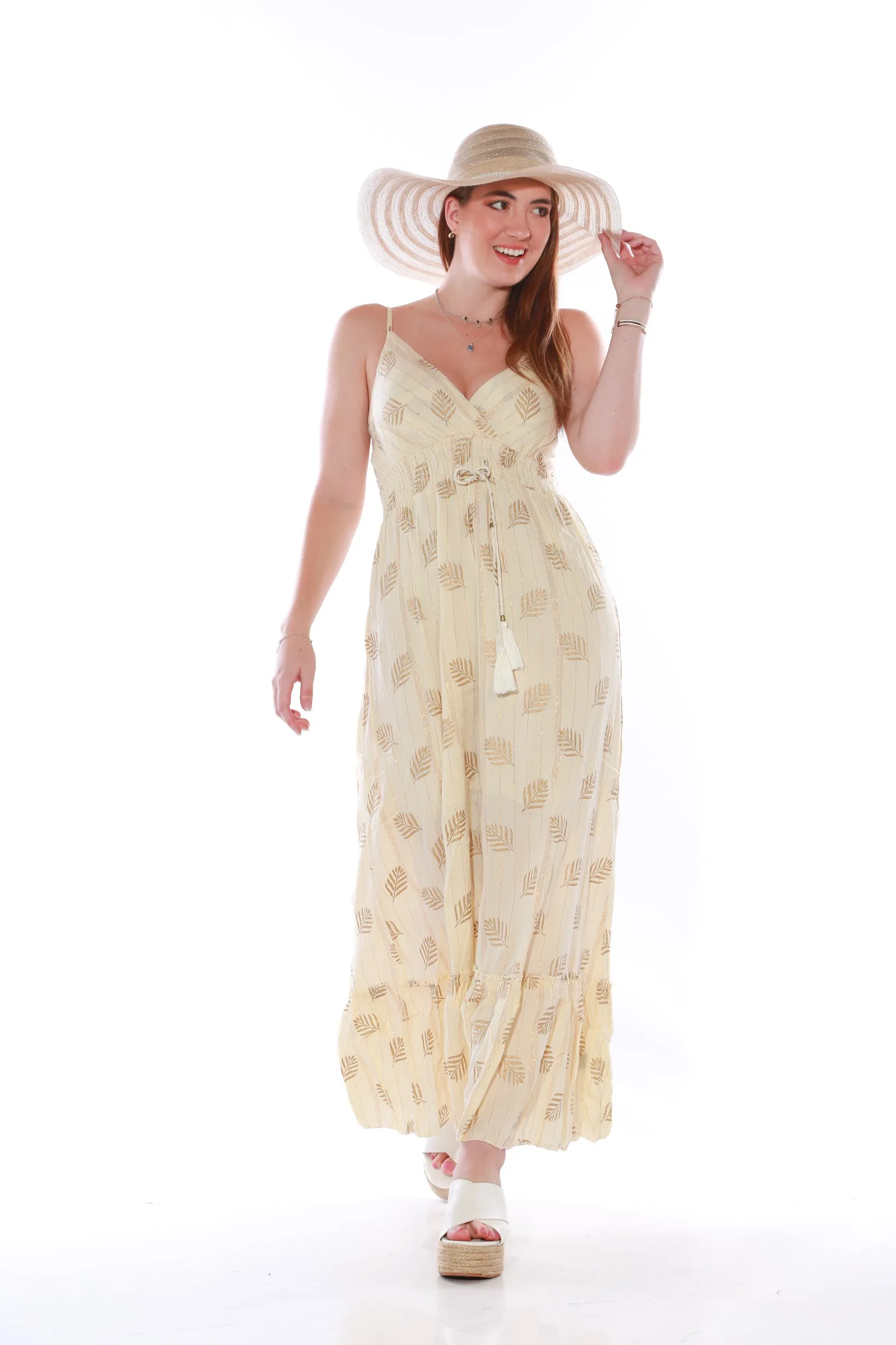 Maxi Spaghetti dress with gold Lurex - Ivory