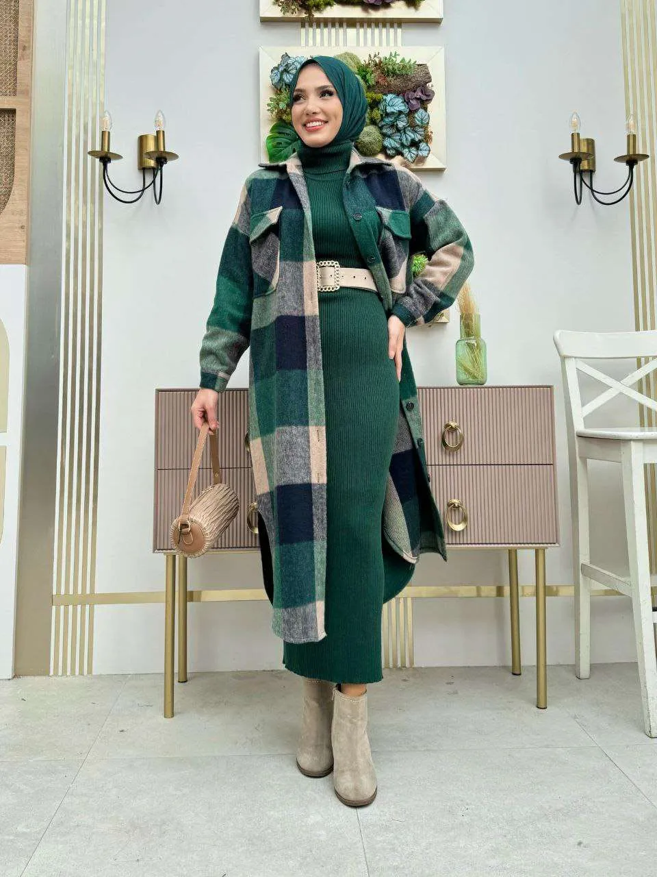 Maxikleider langarm winter mit rollkragen mit Karierte Jacke