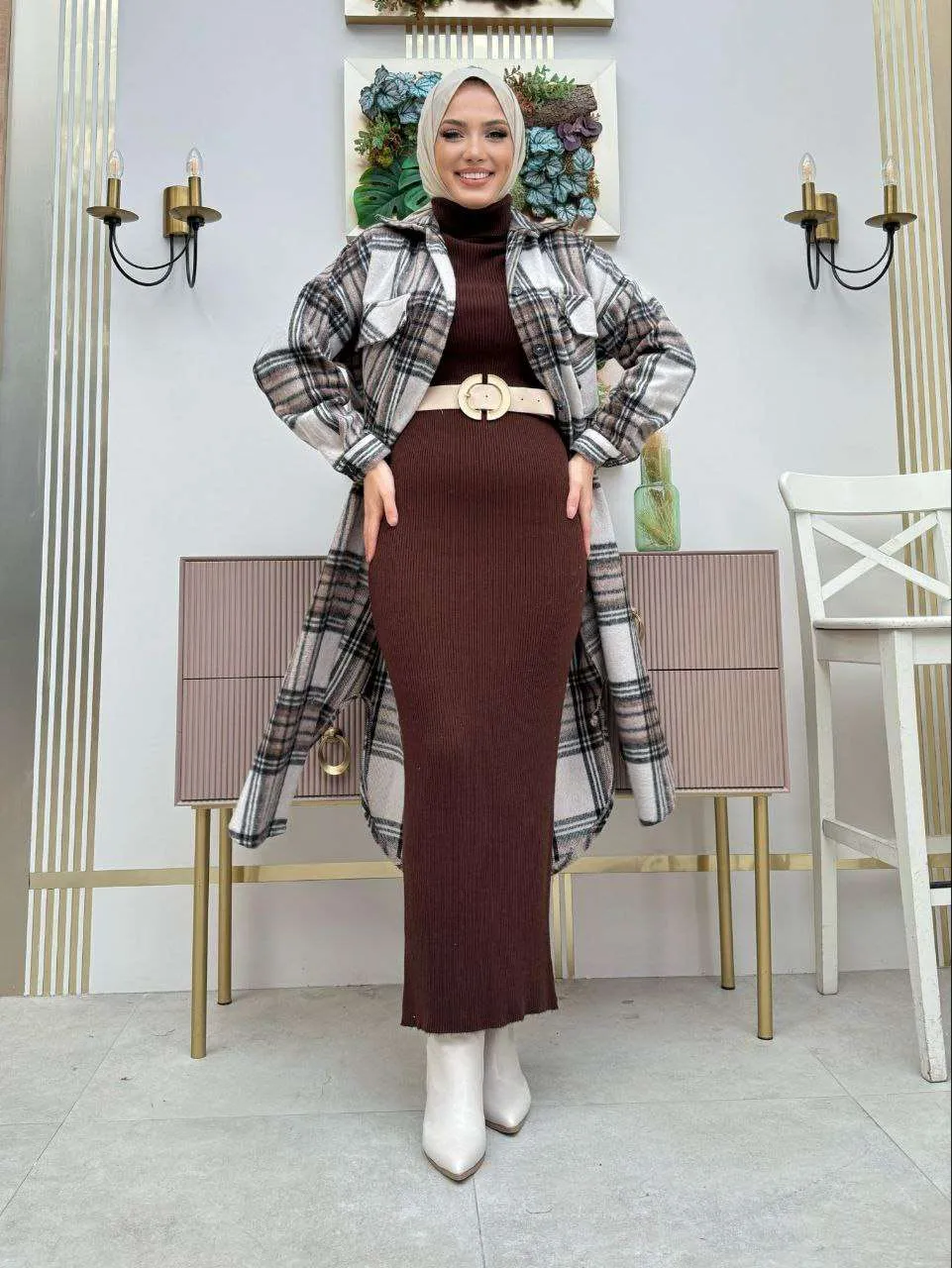 Maxikleider langarm winter mit rollkragen mit Karierte Jacke