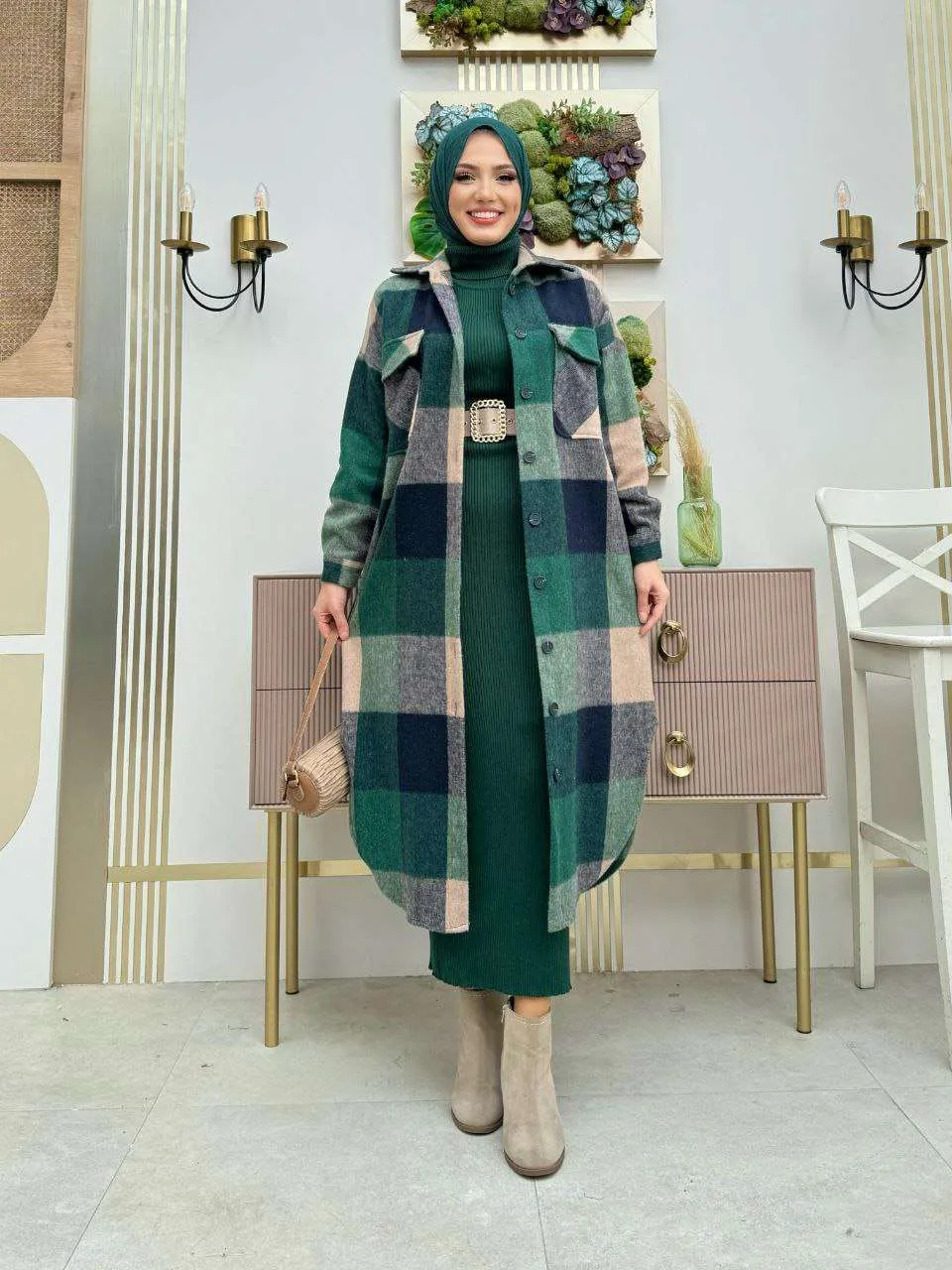 Maxikleider langarm winter mit rollkragen mit Karierte Jacke