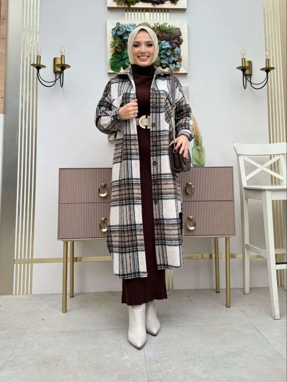Maxikleider langarm winter mit rollkragen mit Karierte Jacke