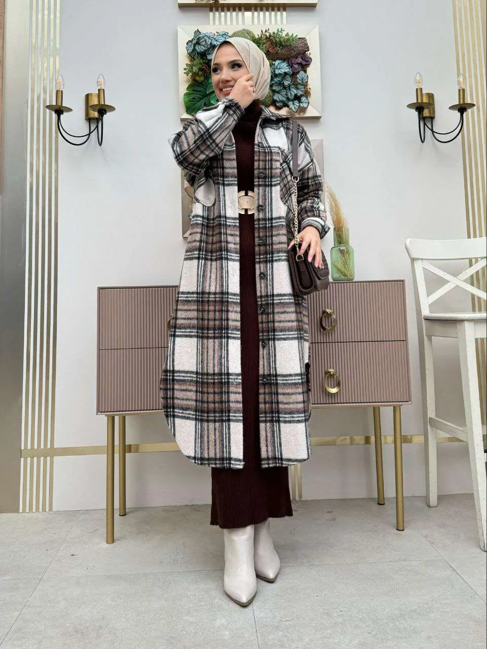 Maxikleider langarm winter mit rollkragen mit Karierte Jacke