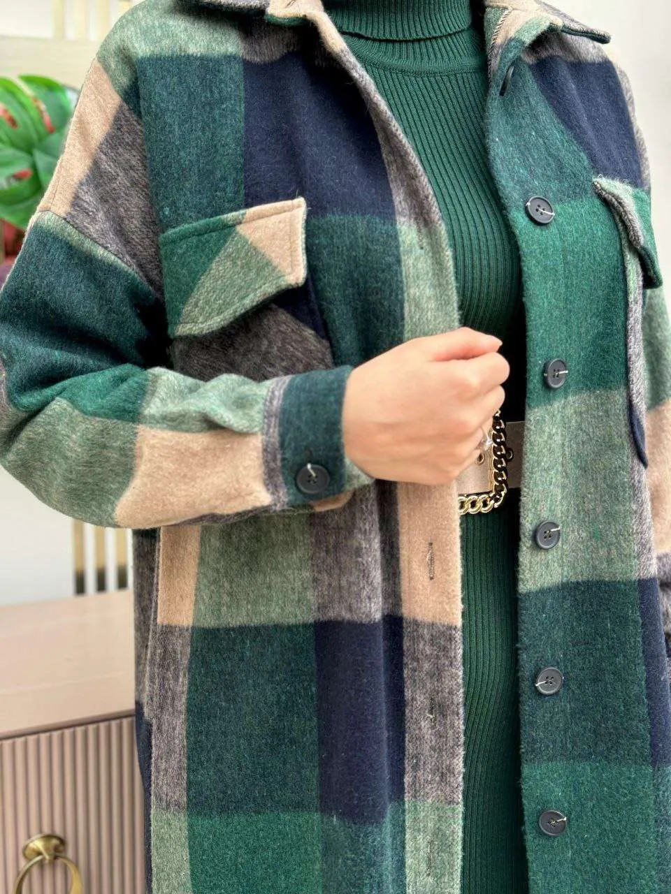Maxikleider langarm winter mit rollkragen mit Karierte Jacke