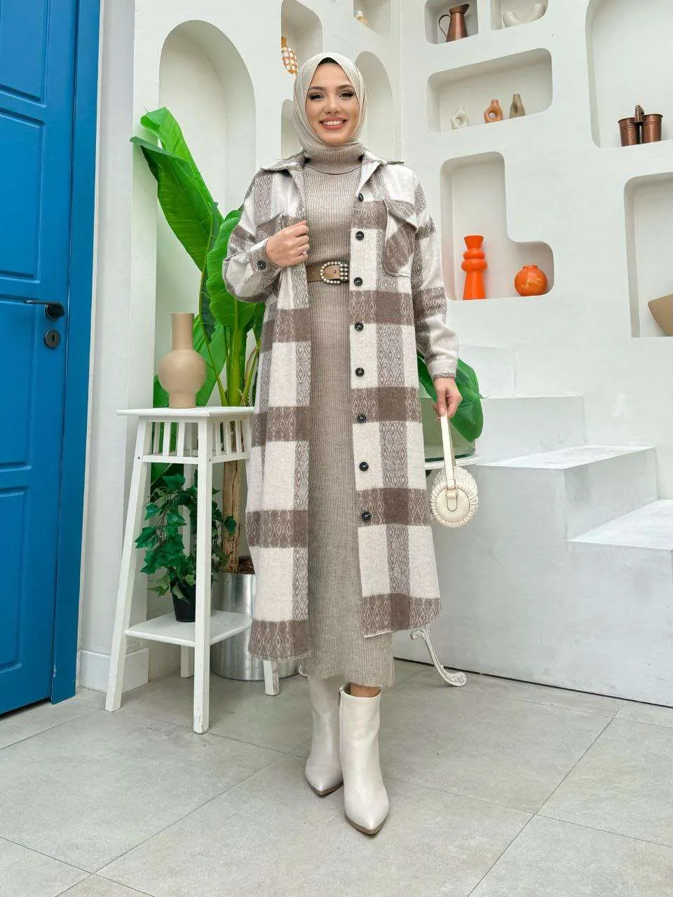 Maxikleider langarm winter mit rollkragen mit Karierte Jacke