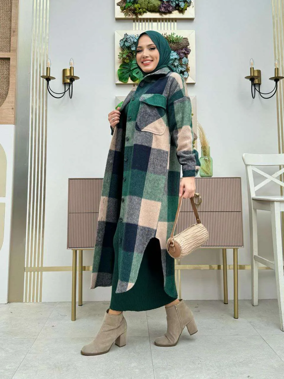 Maxikleider langarm winter mit rollkragen mit Karierte Jacke