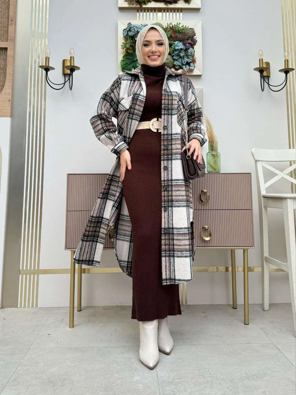 Maxikleider langarm winter mit rollkragen mit Karierte Jacke