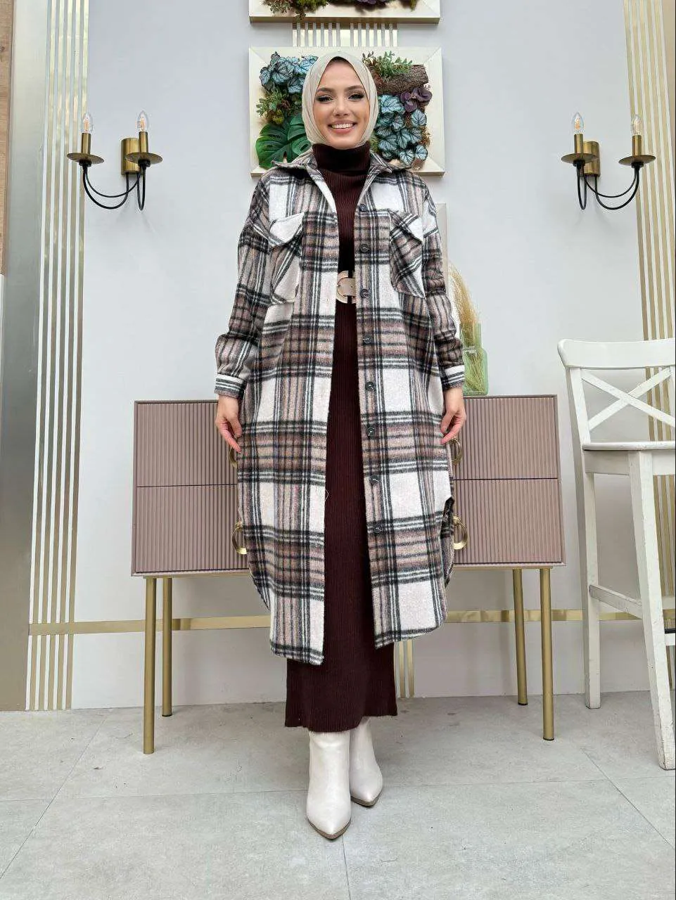 Maxikleider langarm winter mit rollkragen mit Karierte Jacke