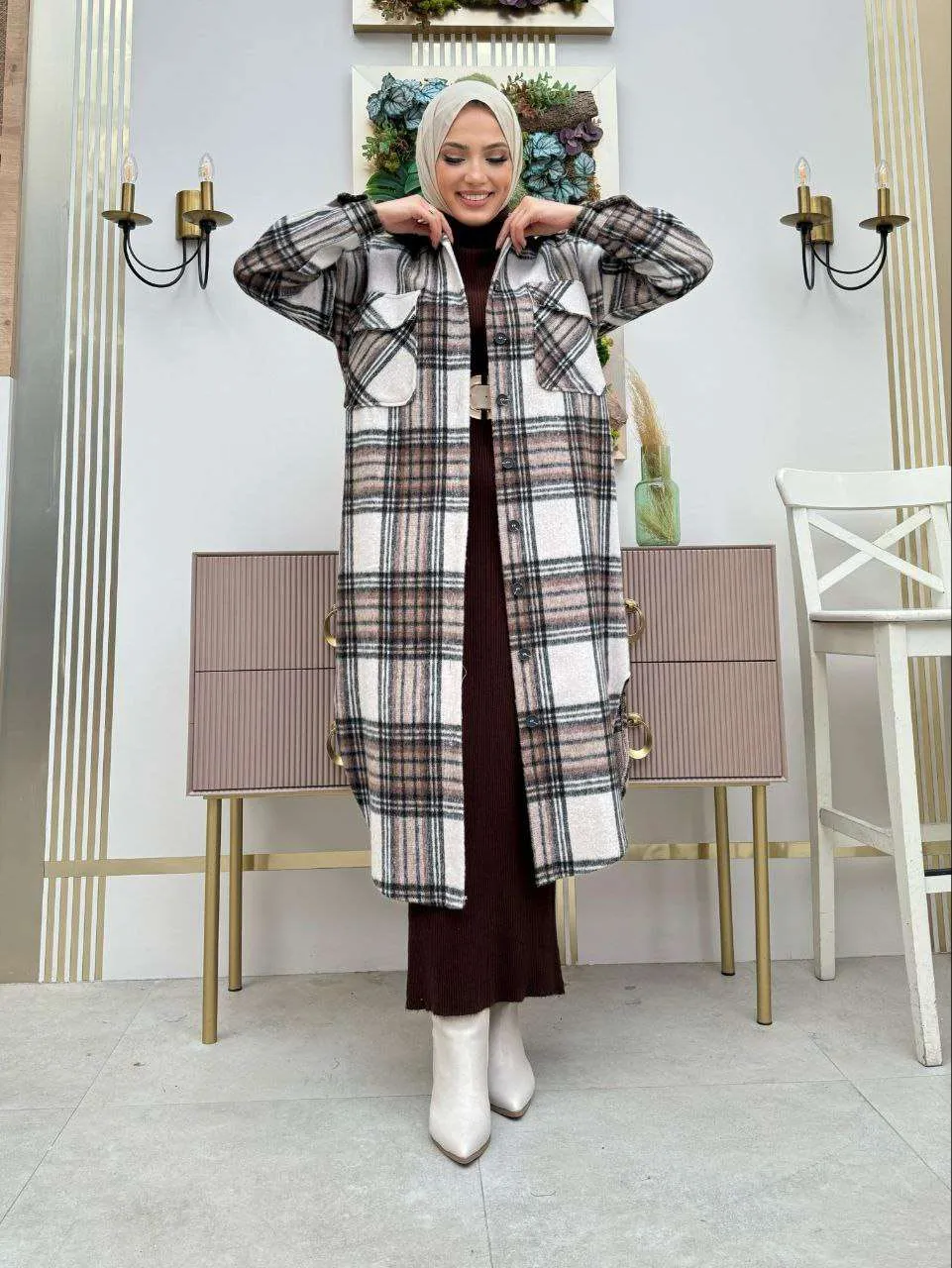 Maxikleider langarm winter mit rollkragen mit Karierte Jacke