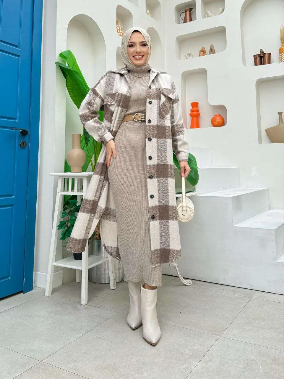 Maxikleider langarm winter mit rollkragen mit Karierte Jacke