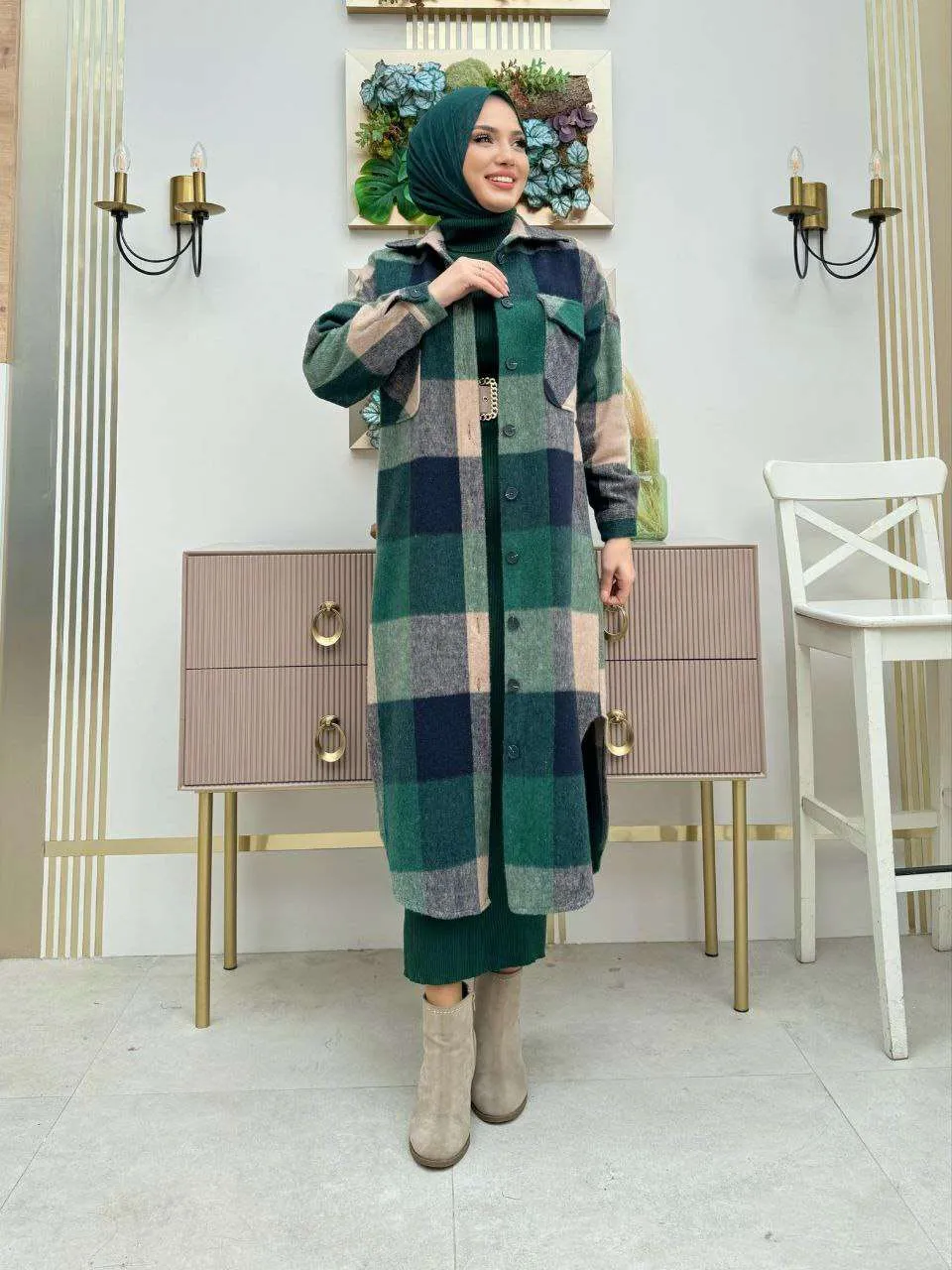 Maxikleider langarm winter mit rollkragen mit Karierte Jacke