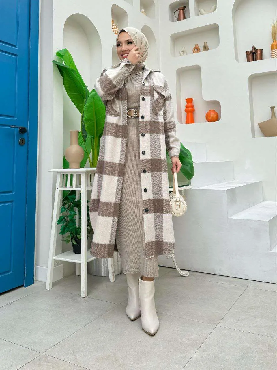 Maxikleider langarm winter mit rollkragen mit Karierte Jacke