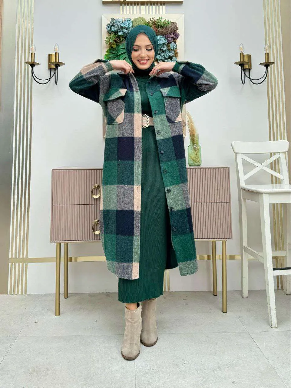 Maxikleider langarm winter mit rollkragen mit Karierte Jacke