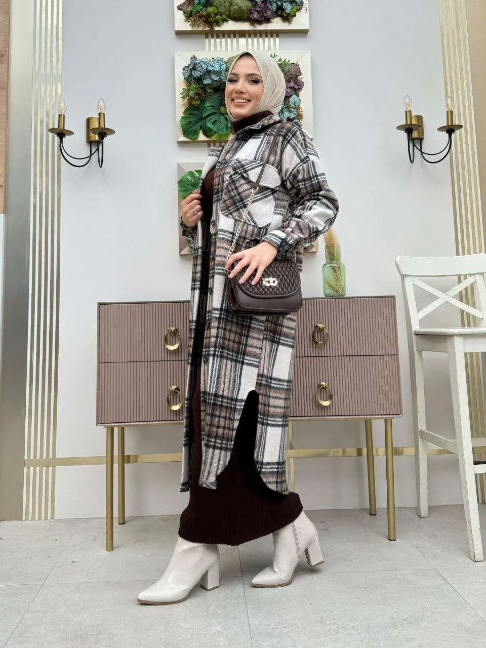 Maxikleider langarm winter mit rollkragen mit Karierte Jacke