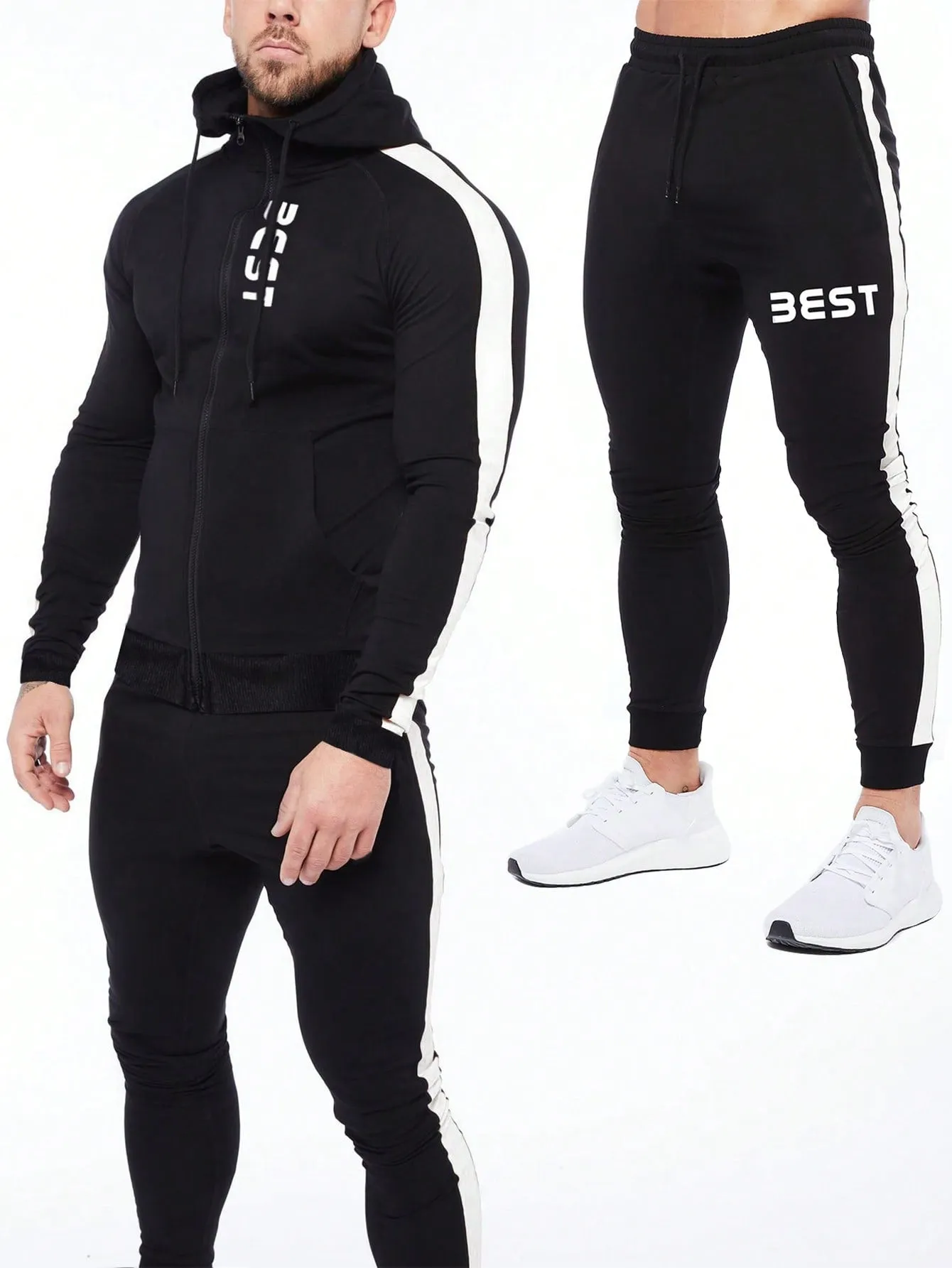 Men's Color Block Side Stripe Letter Printed Hoodie And Sweatpants Sportswear Suit