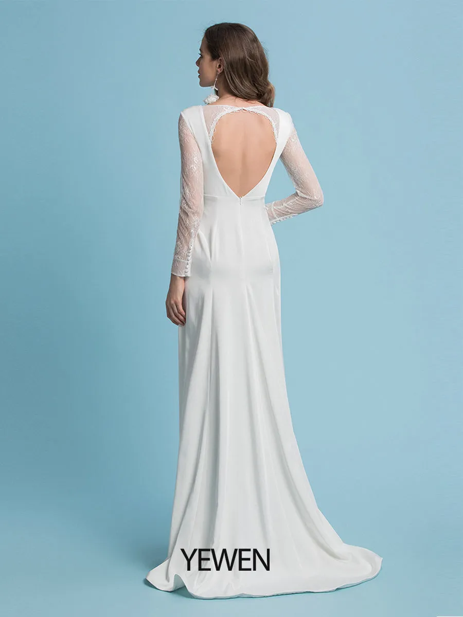 Mermaid / Trumpet Wedding Dresses Round Neck Court Train Lace Full Sleeves Casual Vintage