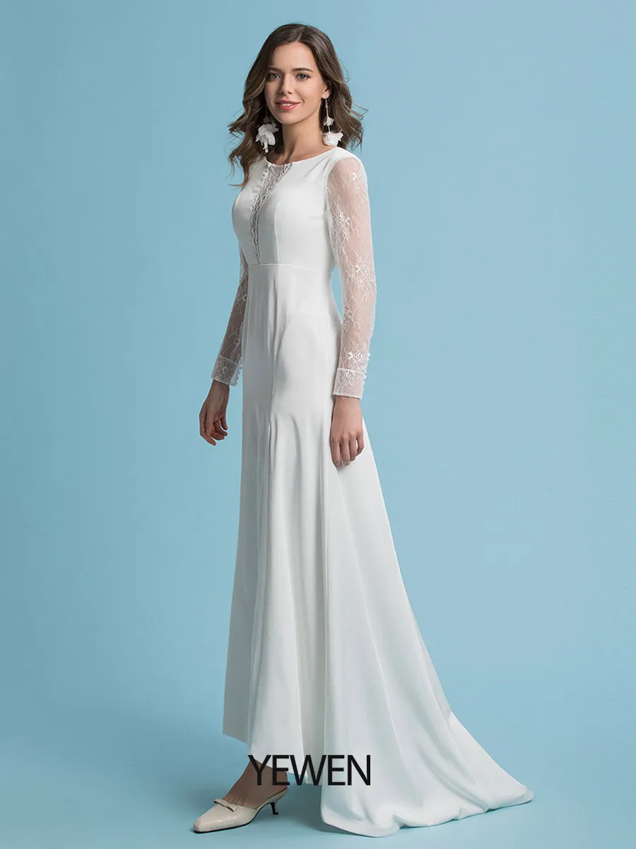Mermaid / Trumpet Wedding Dresses Round Neck Court Train Lace Full Sleeves Casual Vintage