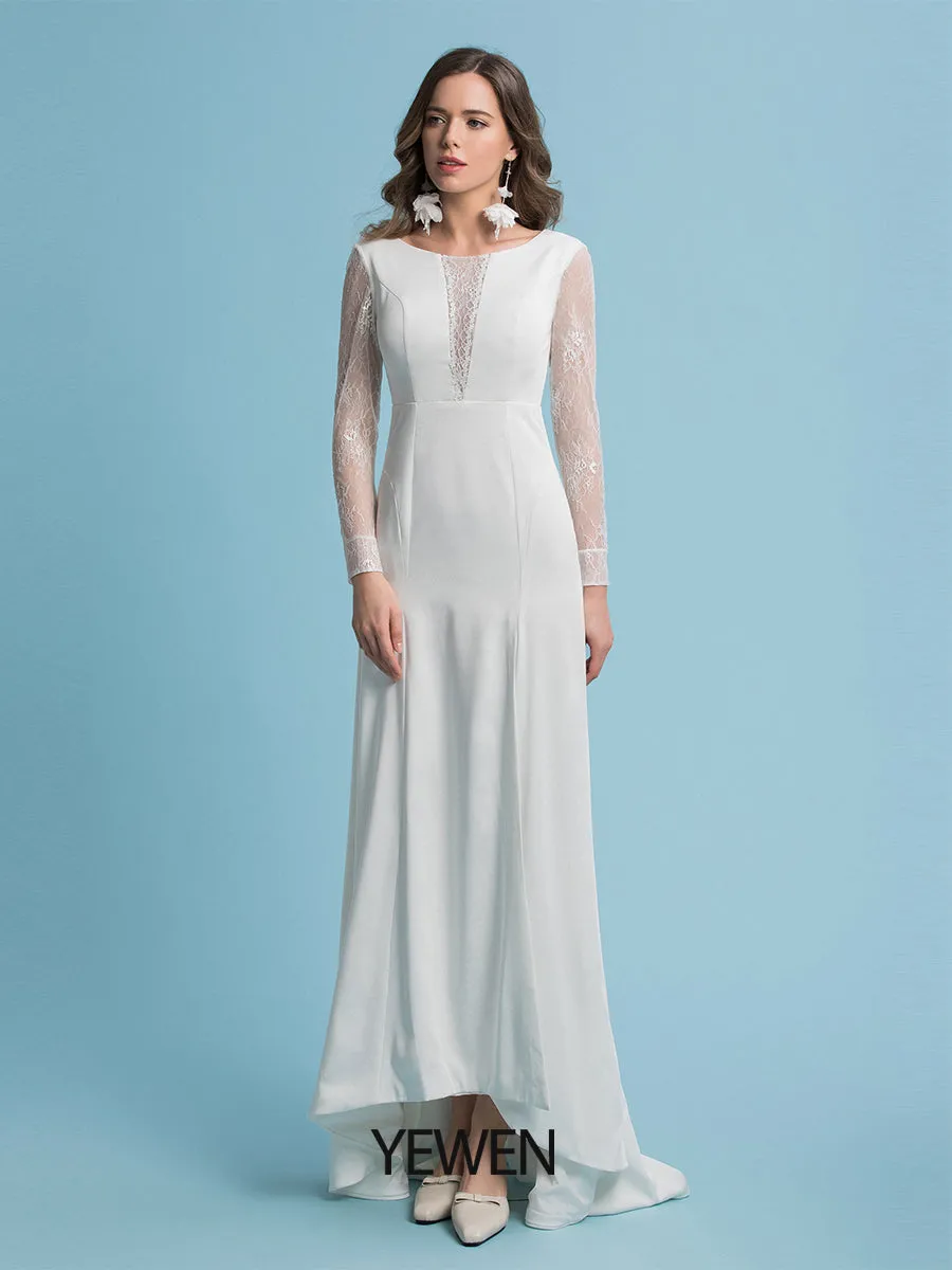 Mermaid / Trumpet Wedding Dresses Round Neck Court Train Lace Full Sleeves Casual Vintage