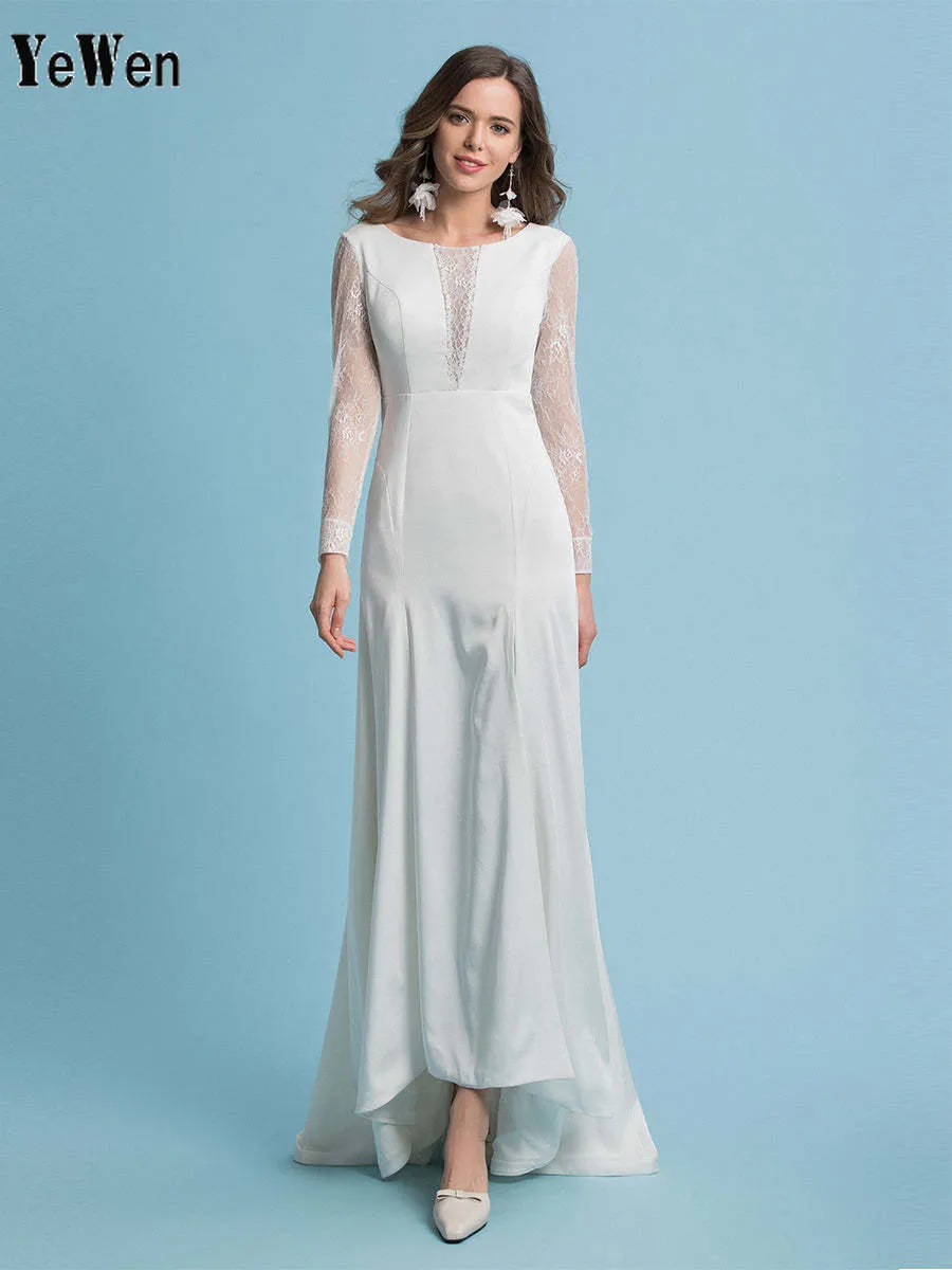Mermaid / Trumpet Wedding Dresses Round Neck Court Train Lace Full Sleeves Casual Vintage