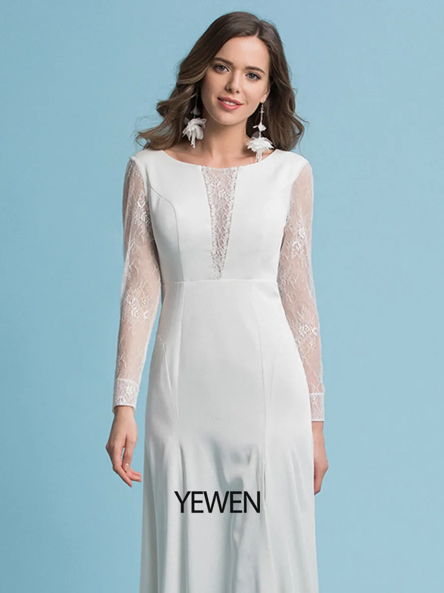 Mermaid / Trumpet Wedding Dresses Round Neck Court Train Lace Full Sleeves Casual Vintage