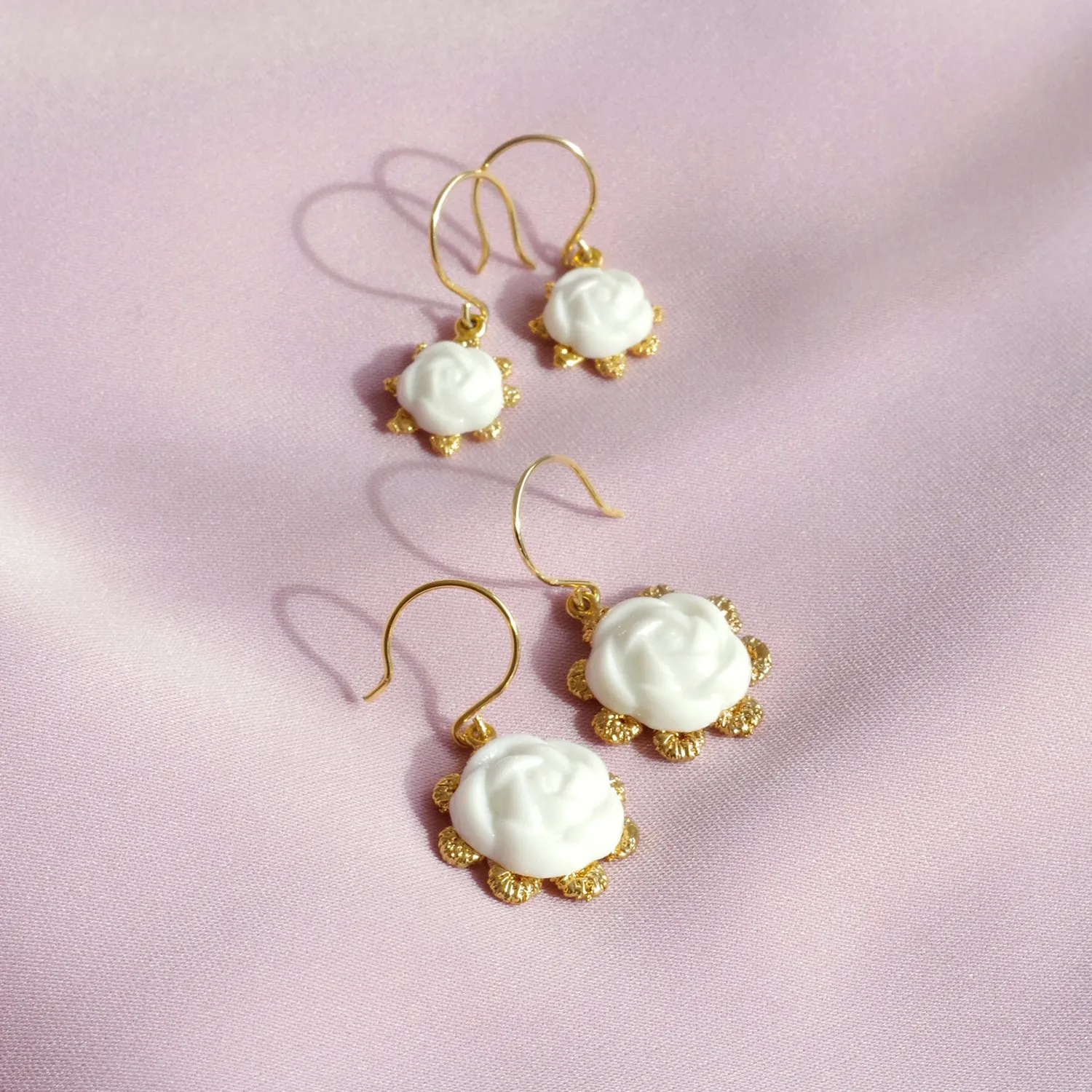 Mini Porcelain Camellia Flower Charm Earrings