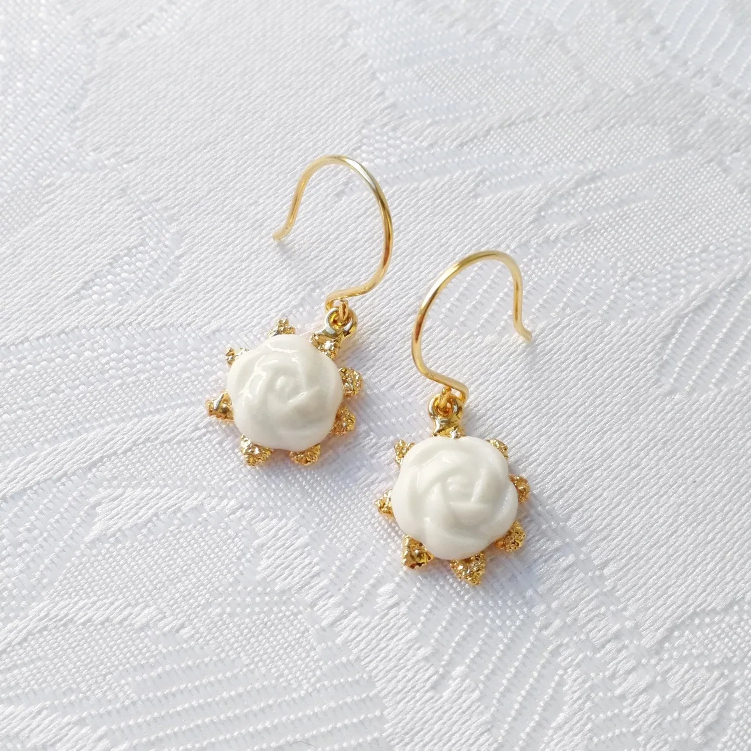 Mini Porcelain Camellia Flower Charm Earrings