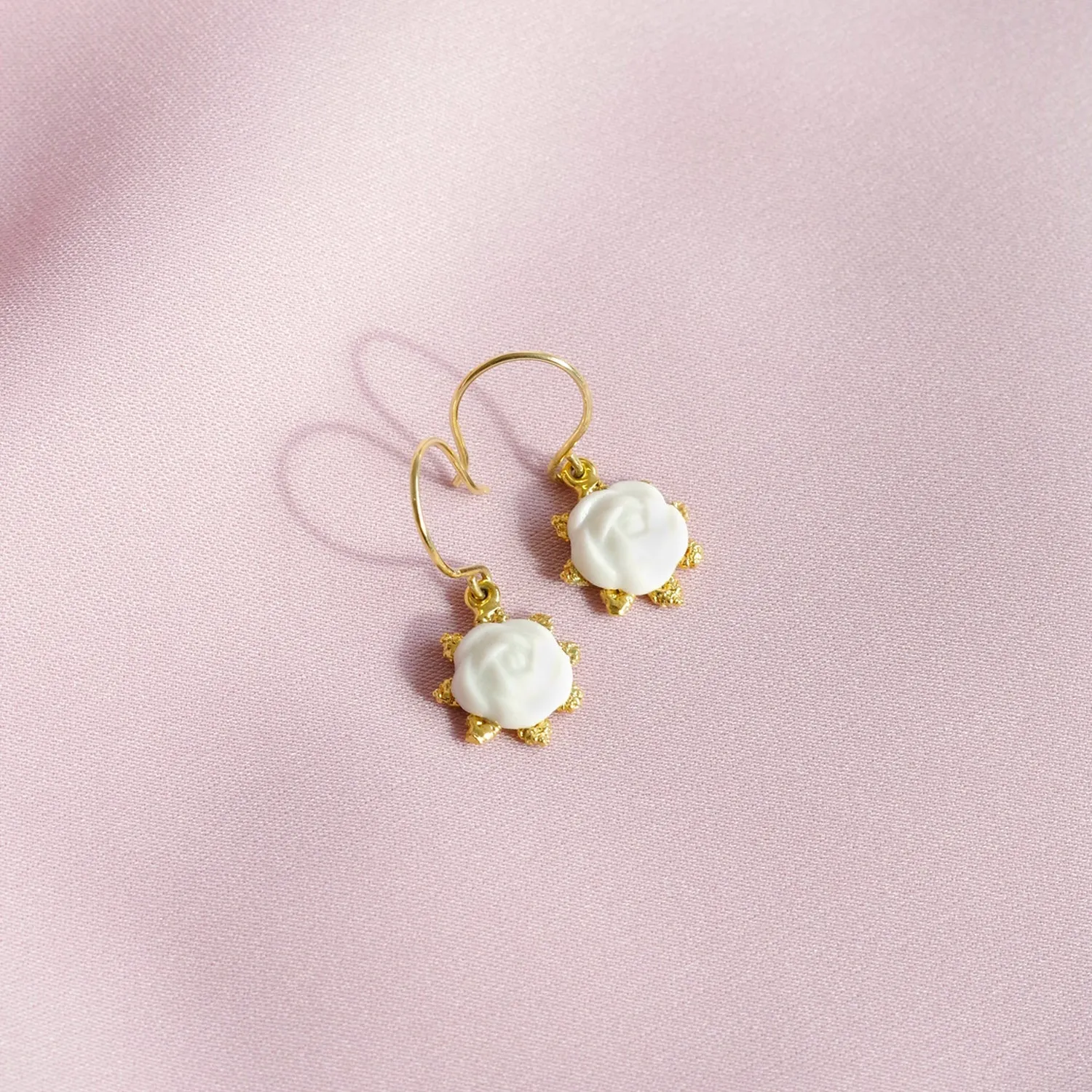 Mini Porcelain Camellia Flower Charm Earrings