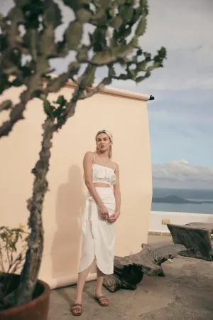 NICE Two Piece Gartered Crop Top and Wrap Around Skirt (White Linen)