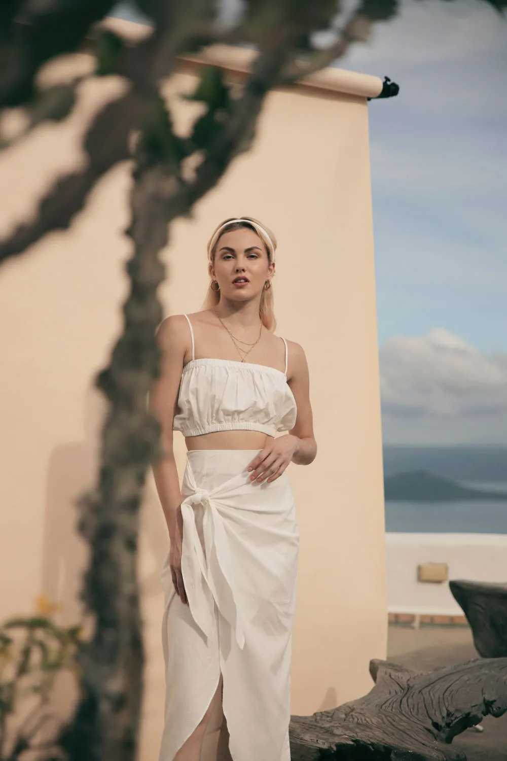 NICE Two Piece Gartered Crop Top and Wrap Around Skirt (White Linen)
