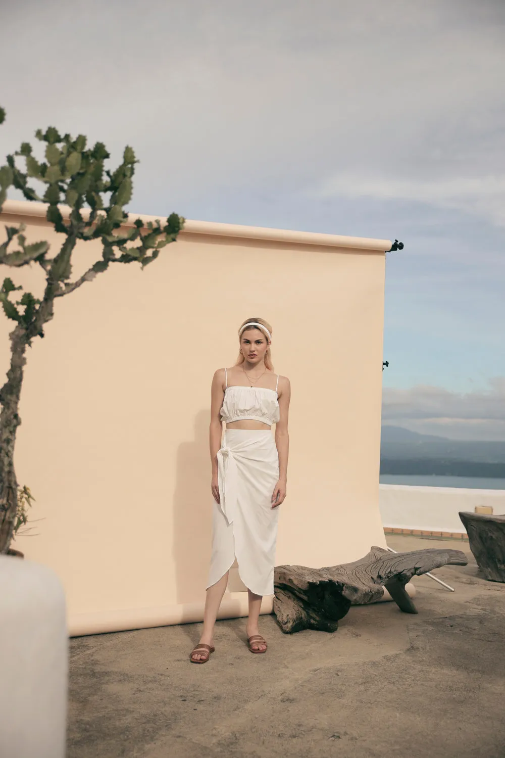 NICE Two Piece Gartered Crop Top and Wrap Around Skirt (White Linen)