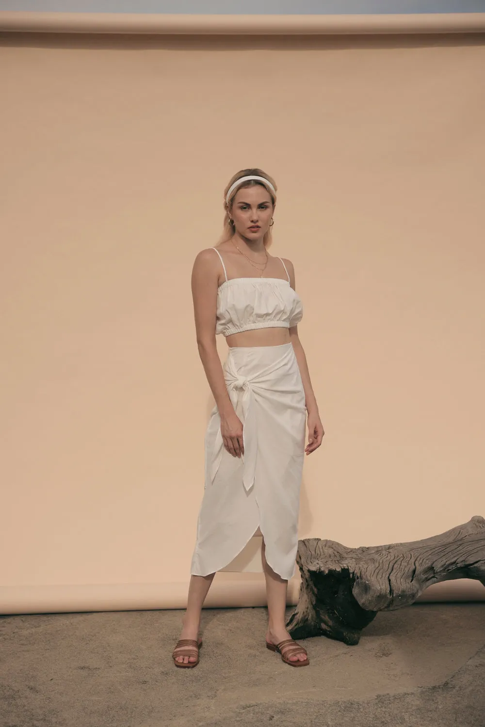 NICE Two Piece Gartered Crop Top and Wrap Around Skirt (White Linen)