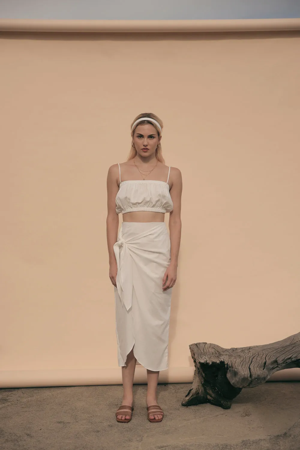 NICE Two Piece Gartered Crop Top and Wrap Around Skirt (White Linen)