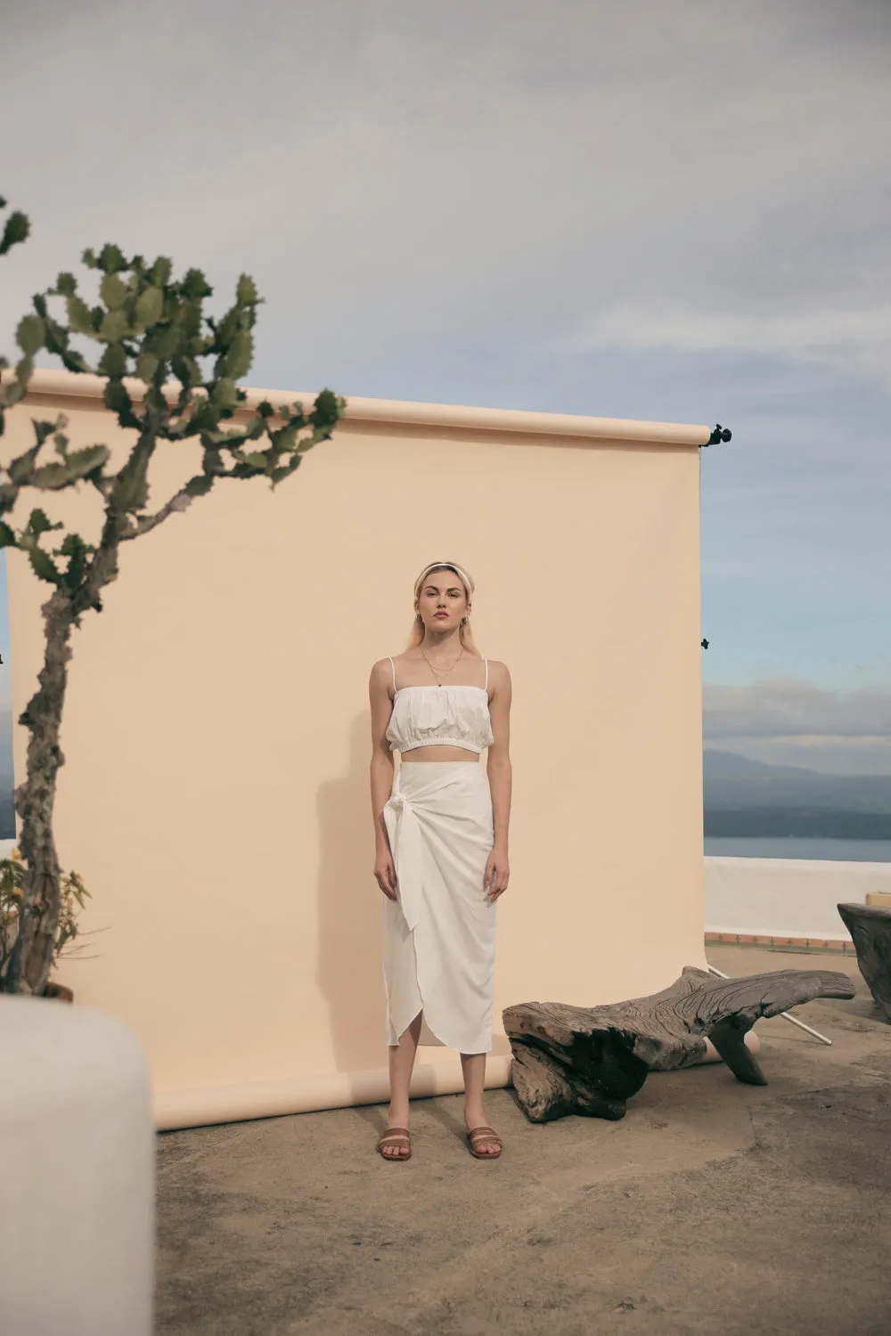 NICE Two Piece Gartered Crop Top and Wrap Around Skirt (White Linen)