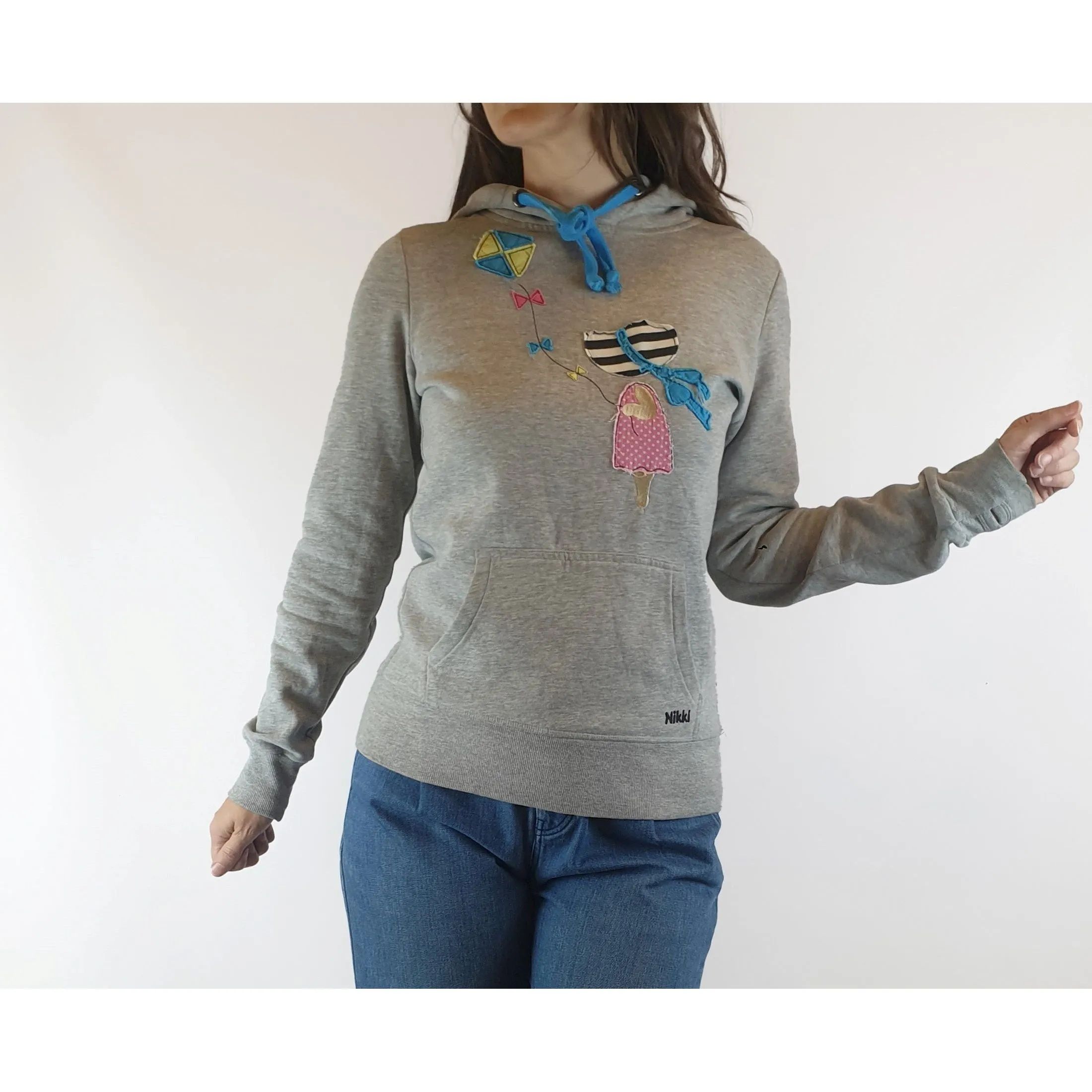Nikki grey hoody jumper with cute kite flying kite front patttern size 8