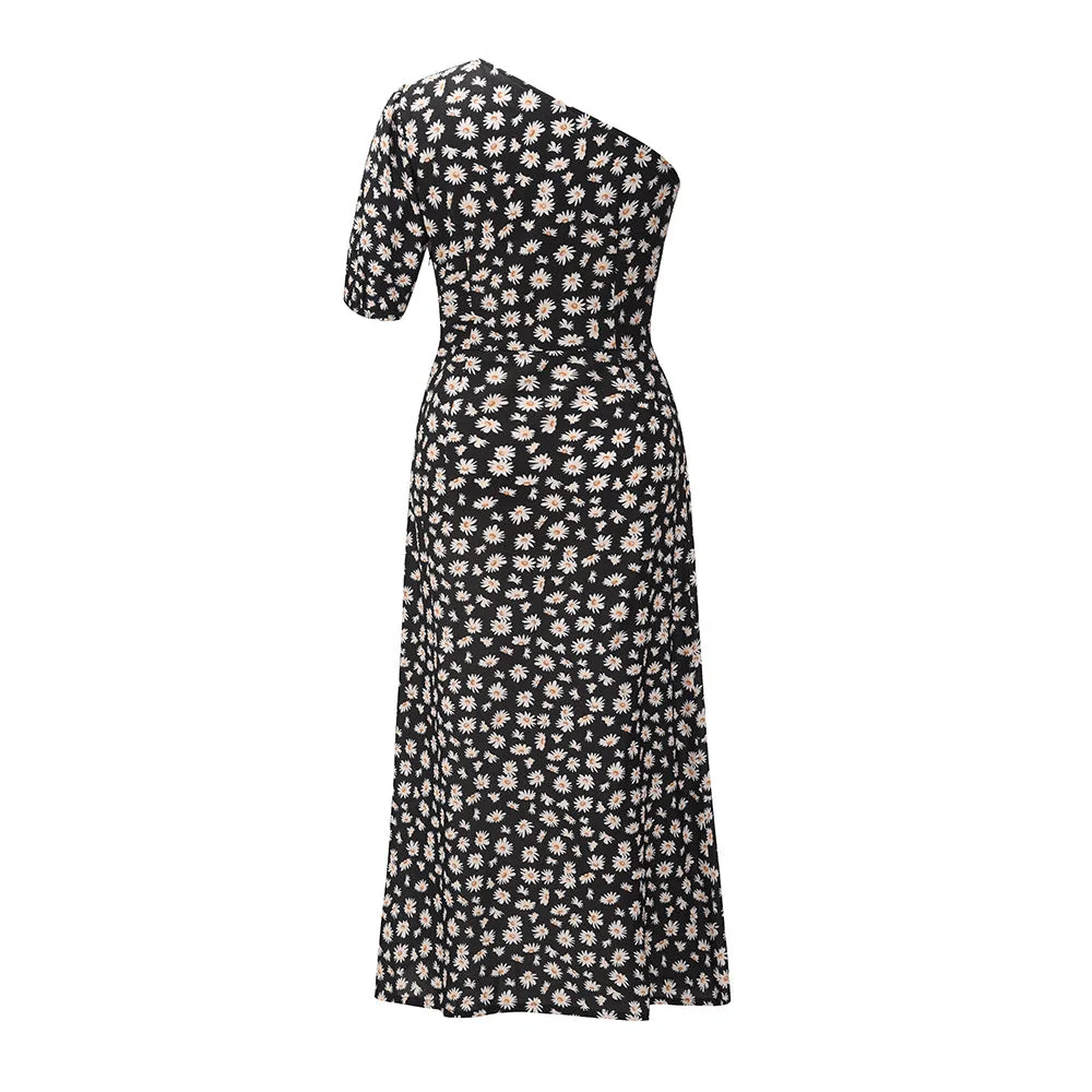 One Shoulder Daisy Floral Split Midi Dresses