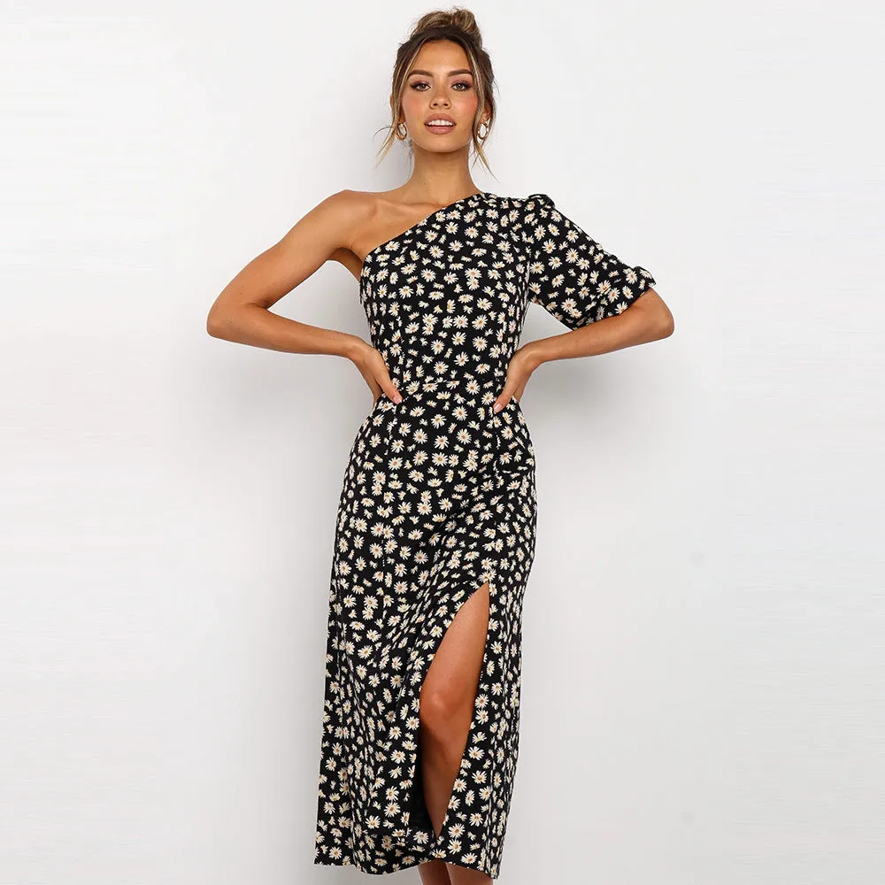 One Shoulder Daisy Floral Split Midi Dresses