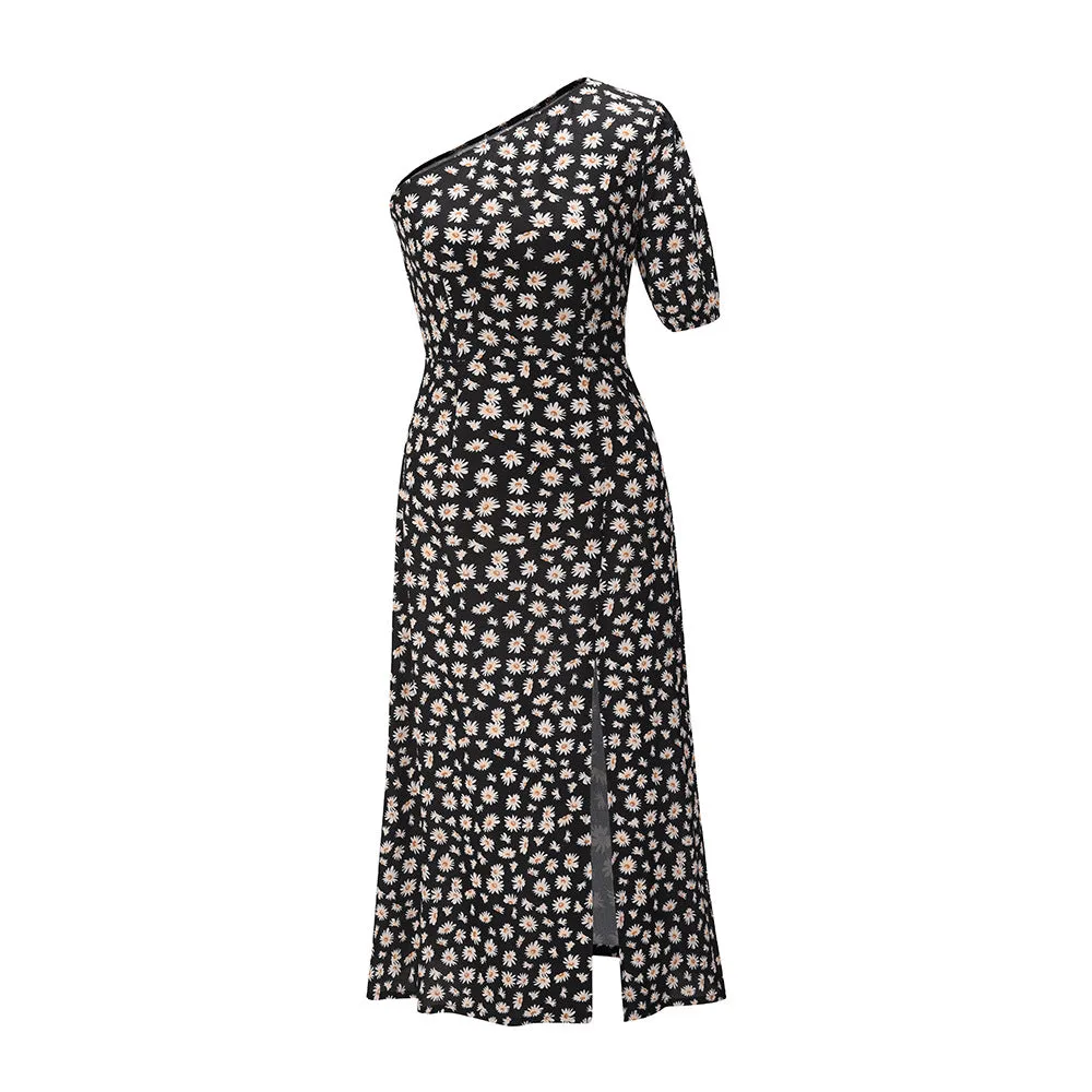 One Shoulder Daisy Floral Split Midi Dresses