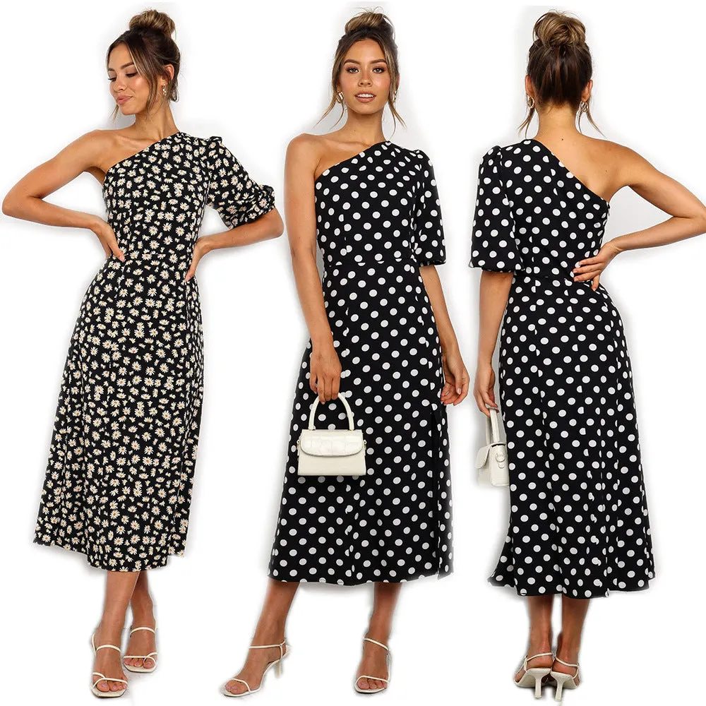 One Shoulder Daisy Floral Split Midi Dresses