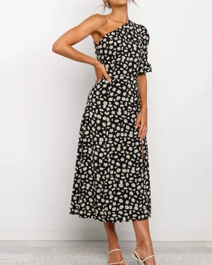 One Shoulder Daisy Floral Split Midi Dresses