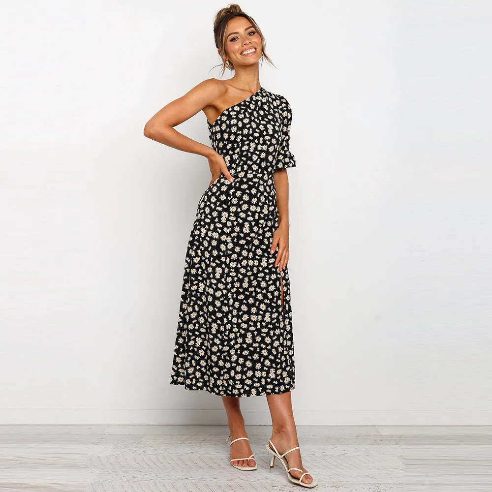 One Shoulder Daisy Floral Split Midi Dresses
