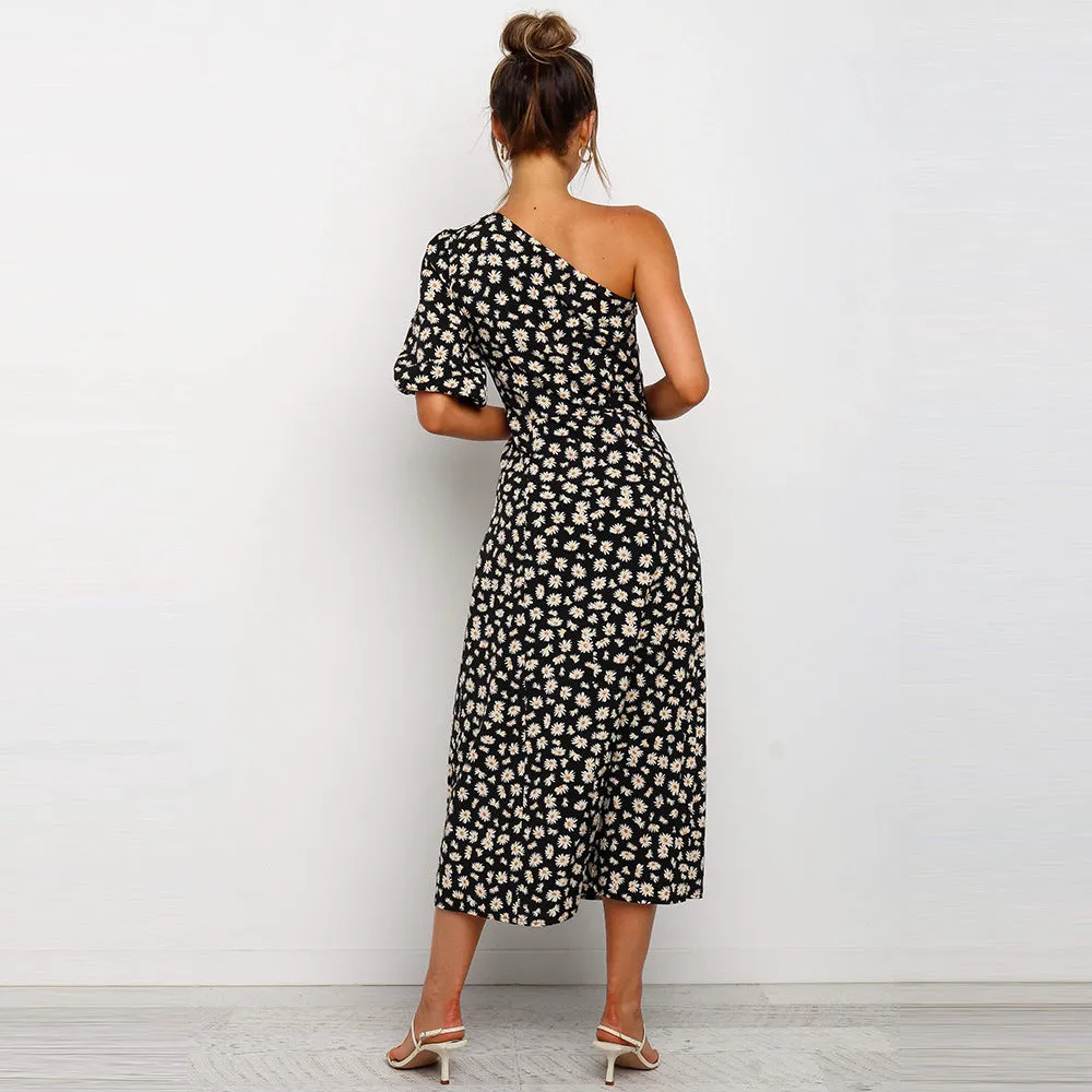 One Shoulder Daisy Floral Split Midi Dresses