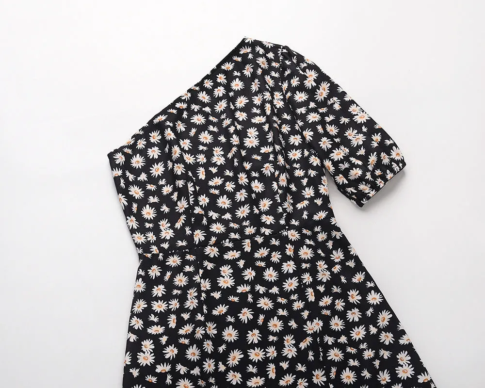 One Shoulder Daisy Floral Split Midi Dresses