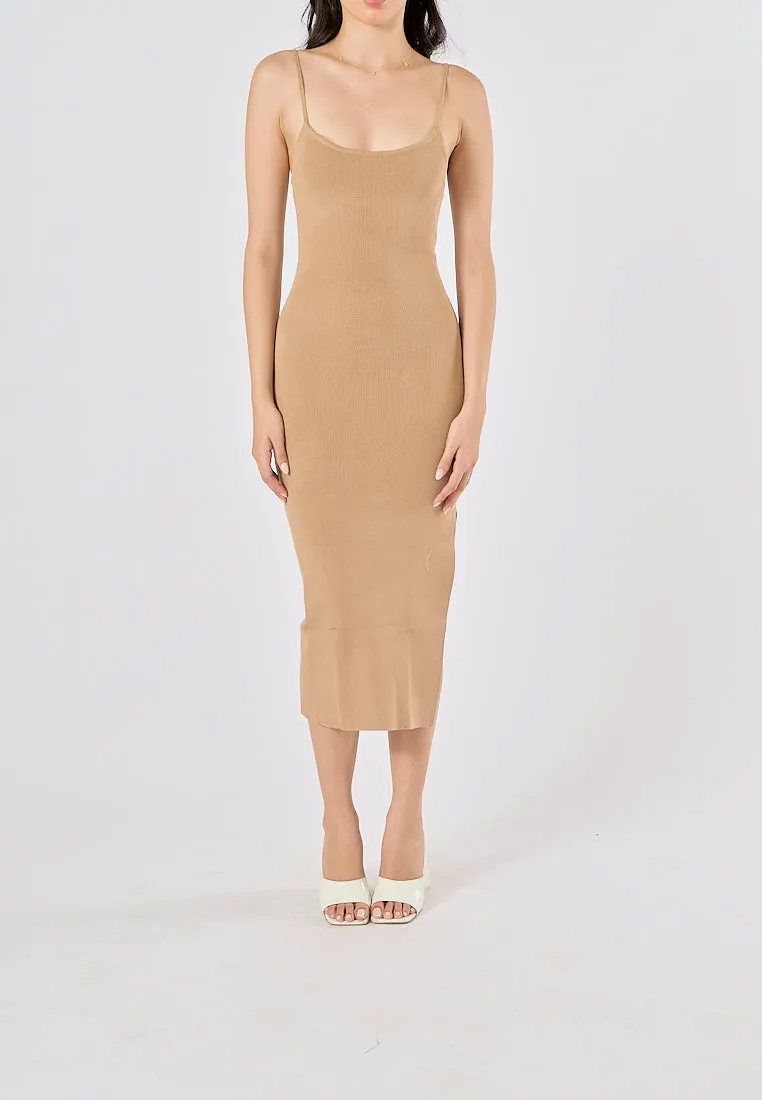 Oretha Khaki Thin Strap Knit Long Dress